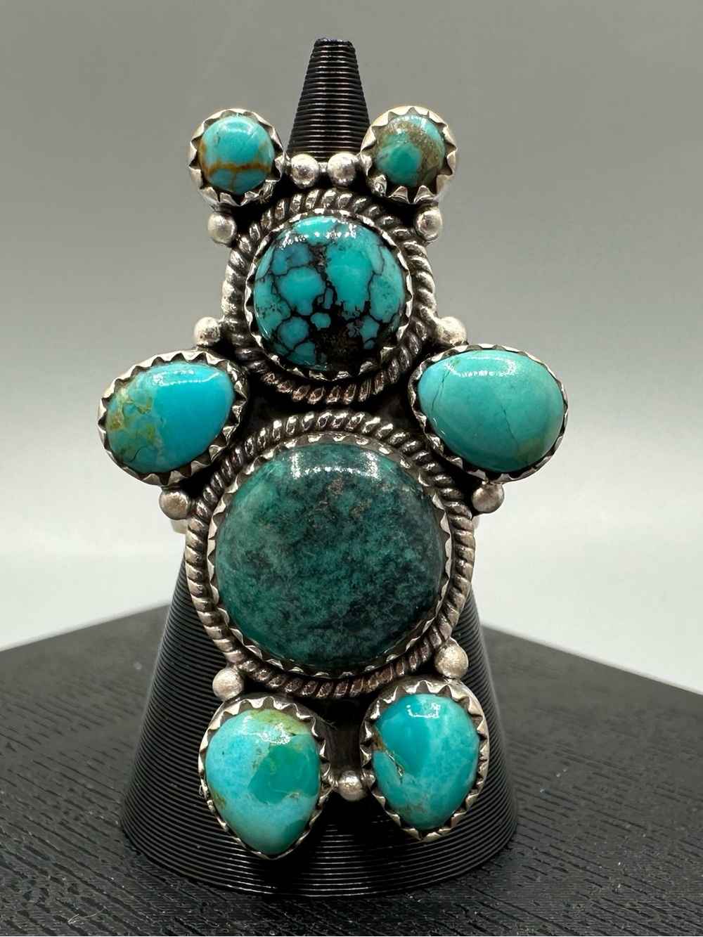 🧸 OOAK Turquoise Matte Sterling Silver 925 Ring Handmade Adjustable Teddy Bear